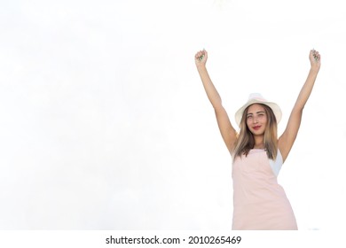 Mexican Woman Raising Hands Isolated White Stock Photo 2010265469 ...