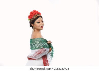 Mexican Woman With Scarf And Tricolor Make-up Wearing White Dress . Woman With Scarf And Makeup With The Colors Of The Mexican Flag. White Background.