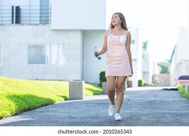 Mexican Woman Walking Around On Summer