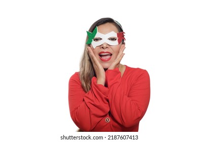 Mexican Woman Wearing Tricolor Mask. Mexican Woman Wearing Red Dress And Mask With Colors Of The Mexican Flag. White Background.