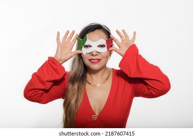 Mexican Woman Wearing Tricolor Mask. Mexican Woman Wearing Red Dress And Mask With Colors Of The Mexican Flag. White Background.