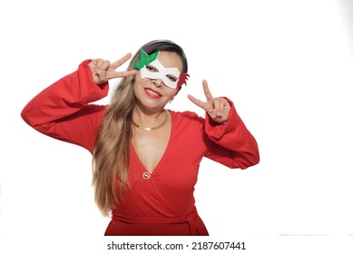 Mexican Woman Wearing Tricolor Mask. Mexican Woman Wearing Red Dress And Mask With Colors Of The Mexican Flag. White Background.