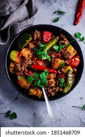 Mexican Zucchini Beef Skillet In Iron Pan.selective Focus