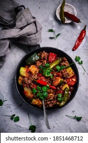 Mexican Zucchini Beef Skillet In Iron Pan.selective Focus