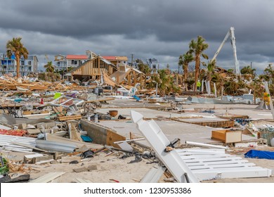 Mexico Beach, Florida, United States October 26, 2018.  16 days after Hurricane Michael. The Mexico Beach Public Pier area. debris on top of concrete slabs