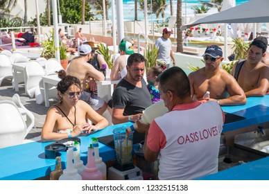 Mexico, Cancun - February 15, 2018: People In The Beach Bar.  Grand Pyramid Entertaining Complex. 