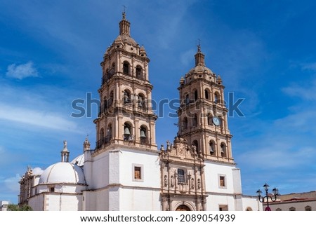Mexico, Catholic church of Cathedral Basilica of Durango in colonial historic city center located opposite Durango central square Plaza de Armas.