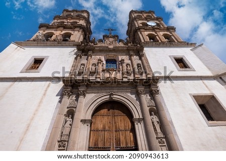 Mexico, Catholic church of Cathedral Basilica of Durango in colonial historic city center located opposite Durango central square Plaza de Armas.