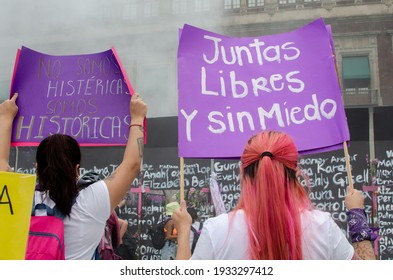 Mexico City 03082021 Feminist March Against Gender Violence, March 8 In Mexico Thousands Of Women Protest In The Streets For Safety And Better Living Conditions, Using Banners And Protest Legends, Pan