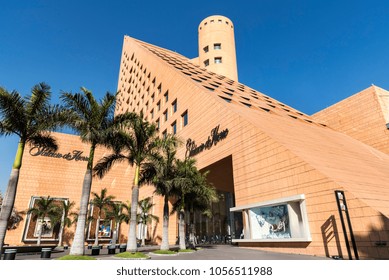 Mexico, Mexico City -16 January 2017:  Palace de Hierro in Polanco, view of the outside , perspective view of the side of the building tilted tower on background blue sky