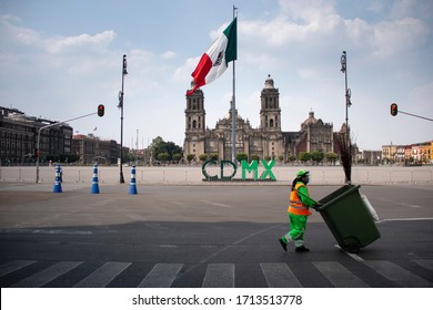 Mexico City, Mexico – April 09, 2020: Cleaning Crew In Mexico Wearing The Protective Gear Needed Due To Coronavirus Pandemia.