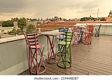 MEXICO CITY, MEXICO - August 2022: Rooftop Cafe At Plaza Garibaldi Near The Tequila And Mezcal Museum In Mexico City, Mexico