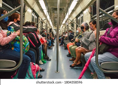 Mexico City, Mexico ; August 25 2020: Women's Subway Car During “the New Normal” Post Covid 19 In Mexico City