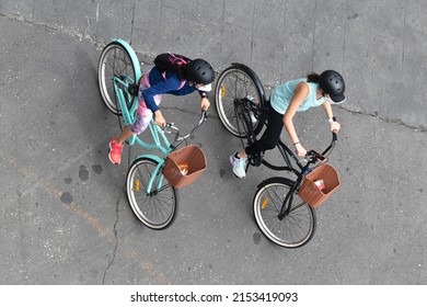 Mexico City, Mexico - August 29, 2022: A View From The Top Of A Bicyclist In Mexico City.