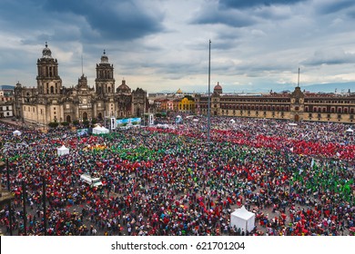 MEXICO CITY, MEXICO - AUGUST 9, 2016: Thousands Of People Attend A Rally At Zocalo Square In Mexico City, Mexico.