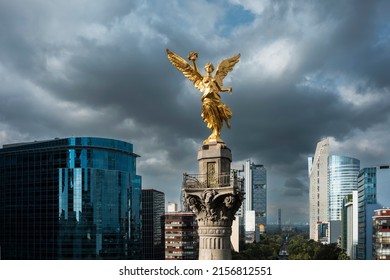 Mexico City, CDMX, Mexico, OCT, 16 2021, El Ángel De La Independencia Drone View, Landmark In Mexico City, Sky With Clouds