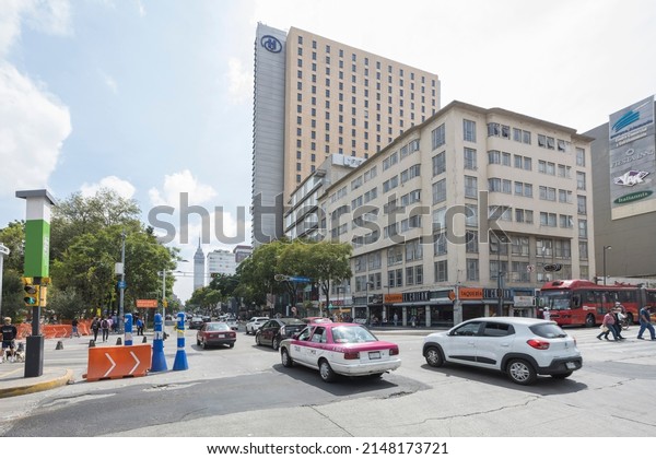 Mexico City,\
CDMX, Mexico, OUT, 17 2021, Juarez avenue intersection with Latino\
tower building in the\
background