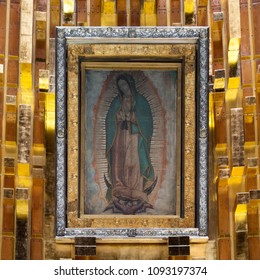 Mexico city / Mexico - Circa 2014: The original paint of Our Lady of Guadalupe at their Basilica in Mexico city. This miraculous image have more than 400 years and is venerated specially by Mexicans.