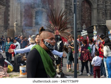 Mexico City, Mexico. Circa, December 2018. Traditional Shamanic Rituals Next To The Cathedral Of Templo Mayor. Religious Syncretism Of Different Cultures.