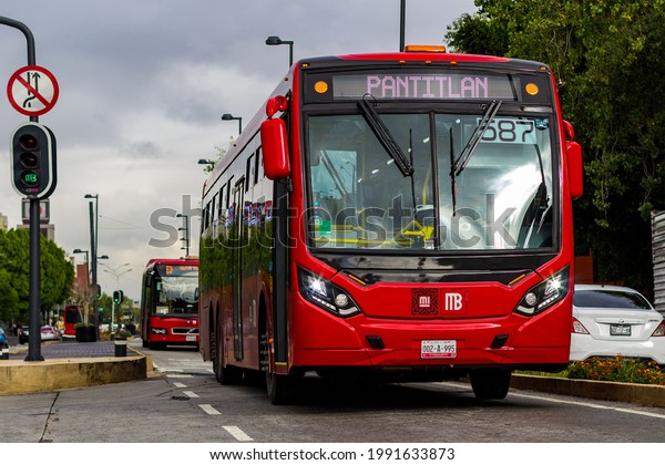 Mexico City, México.\
Circa June 2021-Front view of red buses of the Metrobus service in\
Mexico City
