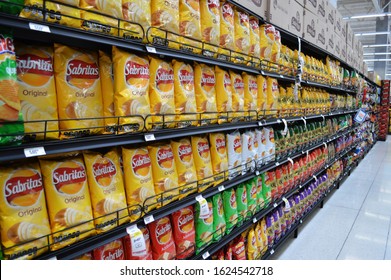 Mexico City / Mexico - December 15, 2019: Snack Aisle In Mexican Supermarket. Sabritas Potatoes, Doritos, Chetos, Snack Brands In Mexico