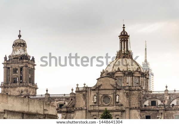 Mexico city downtown cathedral and Templo Mayor Aztec\
temple museum 