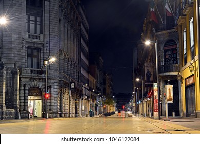 MEXICO CITY, MEXICO - FEBRUARY 16, 2018 - Night View Of Pedestrianised Madero Street In The Historic Centre Of Mexico City