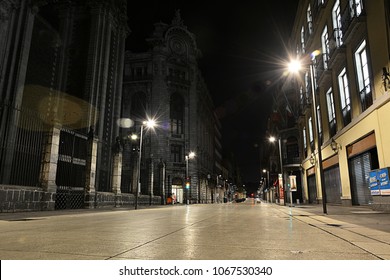 MEXICO CITY, MEXICO - FEBRUARY 16, 2018 - Night View Of Pedestrianised Madero Street In The Historic Centre Of Mexico City