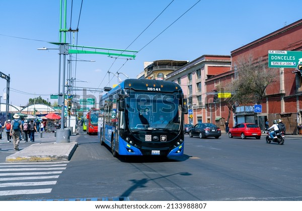 Mexico City, Mexico - February 18
2022: A Trolley Bus drives down the street in Mexico
City