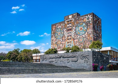 Mexico City, Mexico - February 21, 2020: Iconic building of Central Library in the National Autonomous University of Mexico, UNAM. UNESCO World Heritage Site.