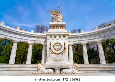 Mexico, Mexico City - February 22, 2020: The Benito Juárez Hemicycle Is A Neoclassical Monument Located At The Alameda Central, The Statue Of Juárez Is Flanked By Marble Doric Columns.