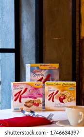 MEXICO CITY - February 7, 2014: Boxes With Kellogg's Cereal On A Wood Table During The Event For The Winners Of A Special K Eating Plan In Mexsi Bocu Restaurant In Mexico.