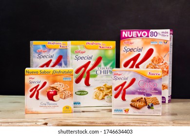 MEXICO CITY - February 7, 2014: Boxes With Kellogg's Cereal On A Wood Table During The Event For The Winners Of A Special K Eating Plan In Mexsi Bocu Restaurant In Mexico.