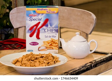 MEXICO CITY - February 7, 2014: Box With Kellogg's Cereal On A Wood Table During The Event For The Winners Of A Special K Eating Plan In Mexsi Bocu Restaurant In Mexico.