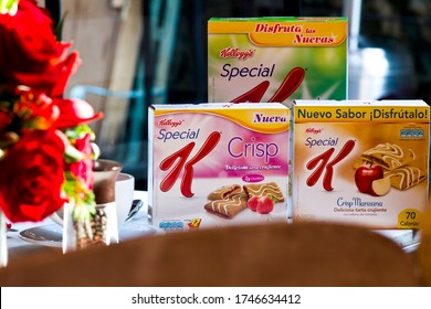 MEXICO CITY - February 7, 2014: Boxes With Kellogg's Cereal On A Wood Table During The Event For The Winners Of A Special K Eating Plan In Mexsi Bocu Restaurant In Mexico.