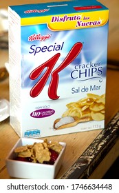 MEXICO CITY - February 7, 2014: Box With Kellogg's Cereal On A Wood Table During The Event For The Winners Of A Special K Eating Plan In Mexsi Bocu Restaurant In Mexico.