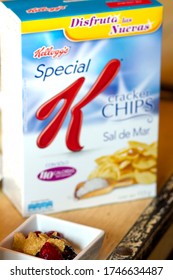 MEXICO CITY - February 7, 2014: Box With Kellogg's Cereal On A Wood Table During The Event For The Winners Of A Special K Eating Plan In Mexsi Bocu Restaurant In Mexico.