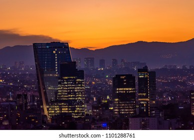 Mexico City Golden Hour, buildings silhouettes, sunset