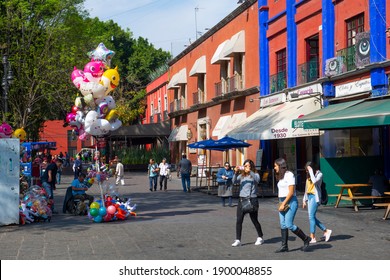 MEXICO CITY - JAN. 17, 2020: Historic Buildings On Parque Centenario And Felipe Carrillo Puerto Street In Historic Center Of Coyoacan, Mexico City CDMX, Mexico.