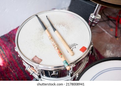 Mexico City, Mexico”; July 13, 2022: Broken Drumsticks From Use On A Drum Set.