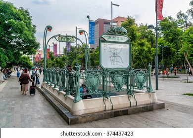 MEXICO CITY - JULY 15, 2015: Metro Bellas Artes station in Mexico City Metro system. Guimard style entrance (1998) as art nouveau style of Paris Metro.