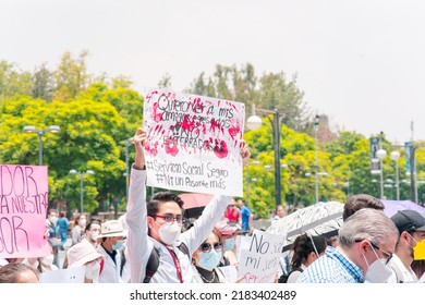 Mexico City, Mexico; July 27, 2022: March Of Cartel Intern Doctors In Representation Of The Victims.