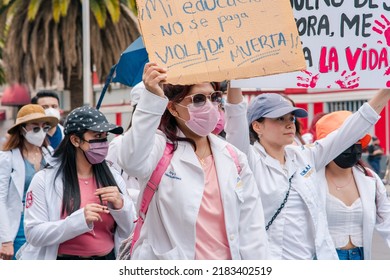 Mexico City, Mexico; July 27, 2022: Young Woman In March Of Intern Doctors, Health Sector.