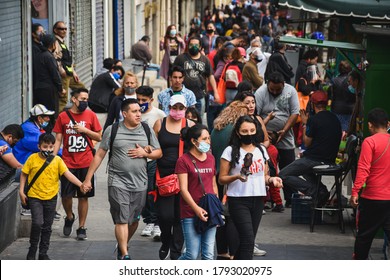 Mexico City, Mexico ; July 28 2020: People Walking In Downtown Mexico City Some With Face Masks And Some Not During The New Normal Post Covid 19