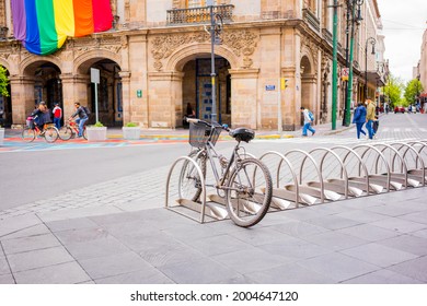 Mexico City, Mexico »; June 28 2021: Bicycle On Bicycle Parking Place In The Center Of Mexico City.