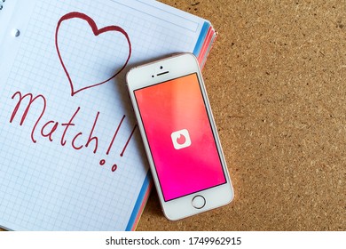 MEXICO CITY, MEXICO - JUNE 5, 2020: Overhead View Of An Iphone With Tinder App And A Notebook With Match Written And A Heart.