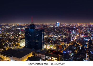 Mexico City - March 12, 2019: Panoramic aerial view of the iconic building of the World Trade Center in Mexico City on a night full of light