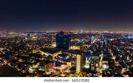 Mexico City - March 12, 2019: Panoramic aerial view of the iconic building of the World Trade Center in Mexico City on a night full of light