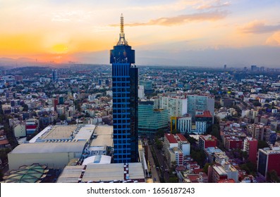 Mexico City - March 12, 2019: Panoramic aerial view of the iconic building of the World Trade Center in Mexico City on a day with a beautiful sunset