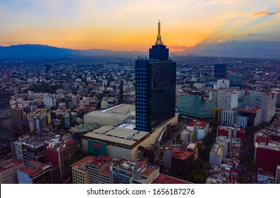 Mexico City - March 12, 2019: Panoramic aerial view of the iconic building of the World Trade Center in Mexico City on a day with a beautiful sunset